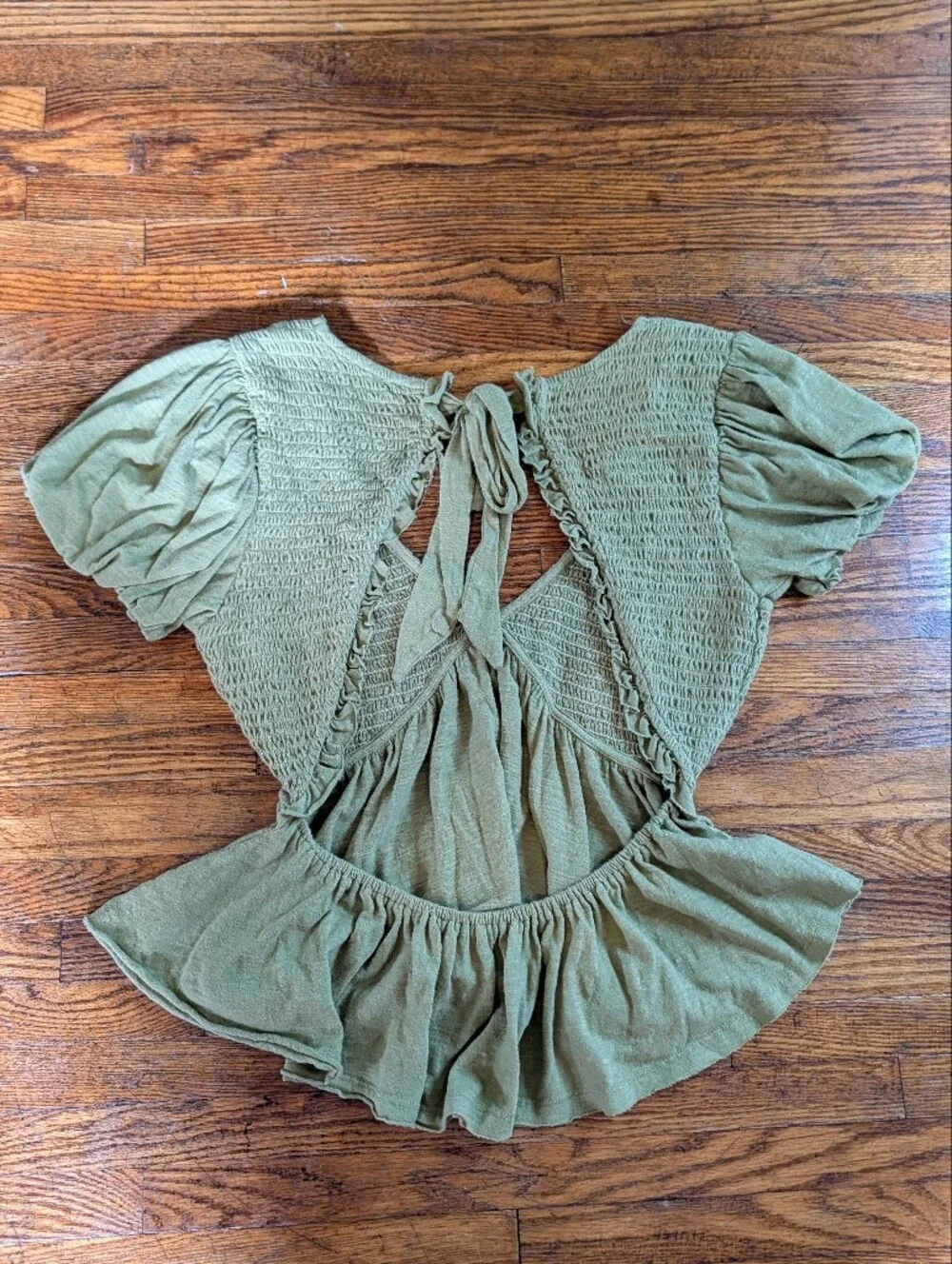 Free People Olive Green Smocked Tie-Back Peplum Top
